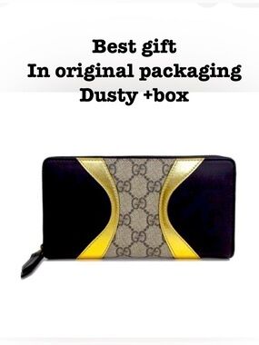 Gucci Black, Gold and Beige GG Zip-Around Wallet brand new